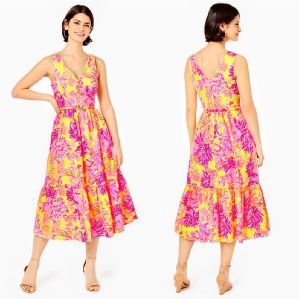 Lilly Pulitzer Yellow Pink Floral Midi Dress